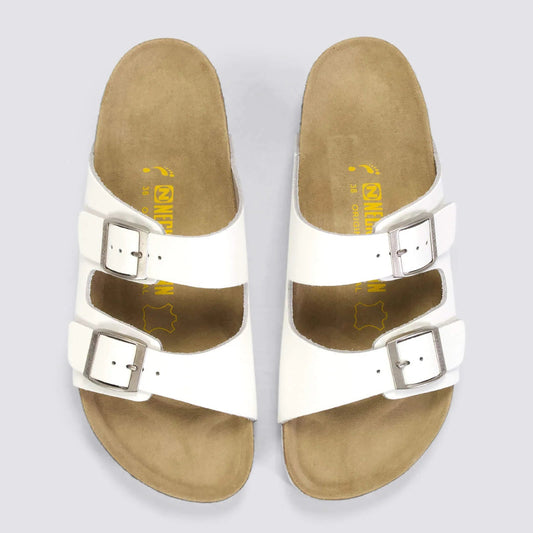 Neckermann White Slides with brown sole and white background