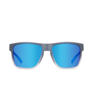 A pair of square sunglasses with a matte gray frame and vibrant blue mirrored lenses, shown against a plain white background.