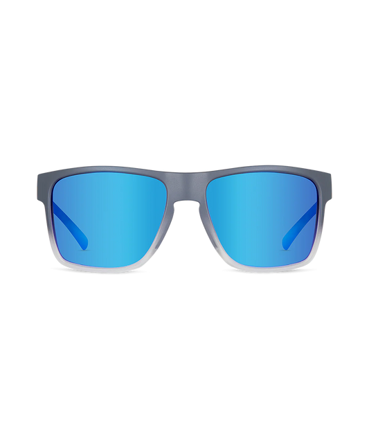 A pair of square sunglasses with a matte gray frame and vibrant blue mirrored lenses, shown against a plain white background.