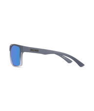 Gray square sunglasses with blue mirrored lenses and a visible 'Wollumbin' brand logo on the temple arm, shown against a plain white background.