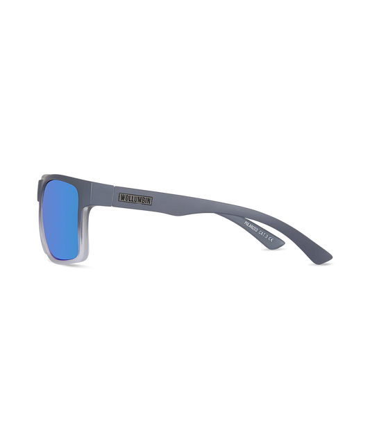 Gray square sunglasses with blue mirrored lenses and a visible 'Wollumbin' brand logo on the temple arm, shown against a plain white background.