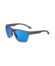 Gray rectangular sunglasses with mirrored blue lenses, shown at a three-quarter angle on a white background.