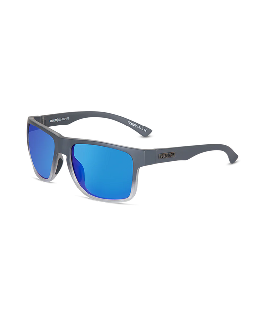 Gray rectangular sunglasses with mirrored blue lenses, shown at a three-quarter angle on a white background.