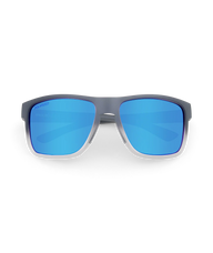 Gray square sunglasses with vibrant blue mirrored lenses, shown from a front-facing perspective on a clean white background.