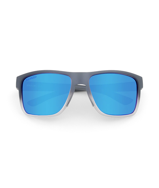 Gray square sunglasses with vibrant blue mirrored lenses, shown from a front-facing perspective on a clean white background.