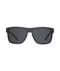 Matte black square sunglasses with dark gray lenses, shown from the front on a solid white background.