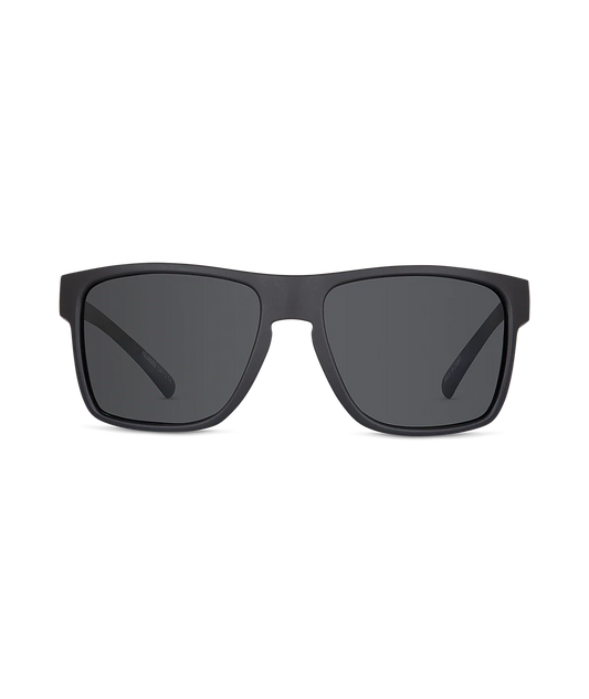 Matte black square sunglasses with dark gray lenses, shown from the front on a solid white background.