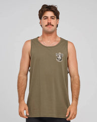 A man wearing an olive green sleeveless tank top with a small white graphic on the left chest, photographed against a light gray studio background.