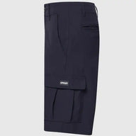 Black cargo shorts with a brand logo on a light gray background