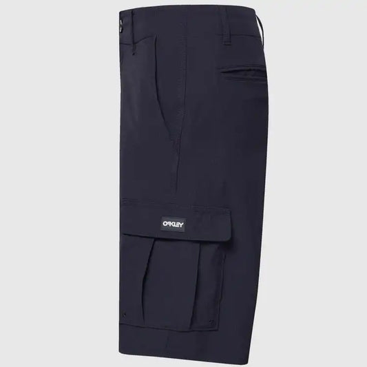 Black cargo shorts with a brand logo on a light gray background