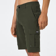 Green cargo shorts with a brand logo on a white background