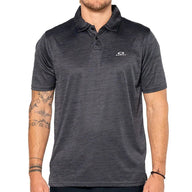 Man wearing a dark gray polo shirt with a brand logo on a white background