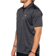 Man wearing a dark gray polo shirt with a brand logo on a white background