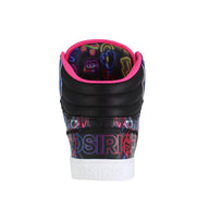 Black high-top sneaker with colorful text and pink interior on a white background