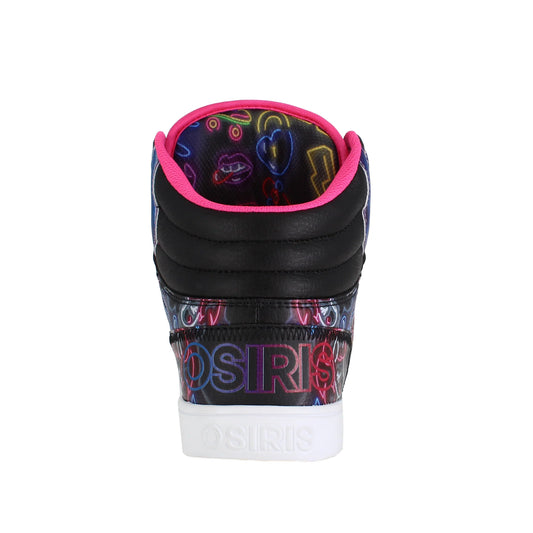 Black high-top sneaker with colorful text and pink interior on a white background