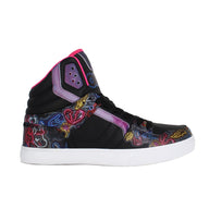 Black high-top sneaker with colorful heart designs on a white background