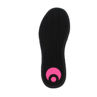 Black shoe sole with a pink logo on a white background