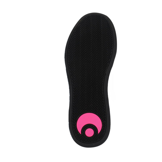 Black shoe sole with a pink logo on a white background