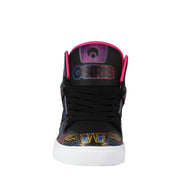 Black high-top sneaker with colorful patterns and brand logo on a white background