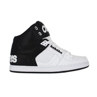 Black and white sneaker with brand logo on a white background