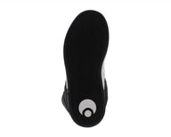 Black shoe sole with a white logo on a white background