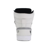 White snowboard boot with black top and gray sole on a white background