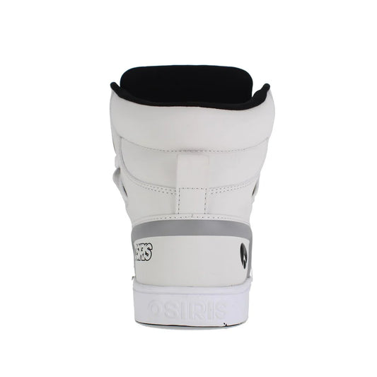 White snowboard boot with black top and gray sole on a white background