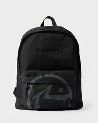 Black backpack with 'rusty' branding on a white background