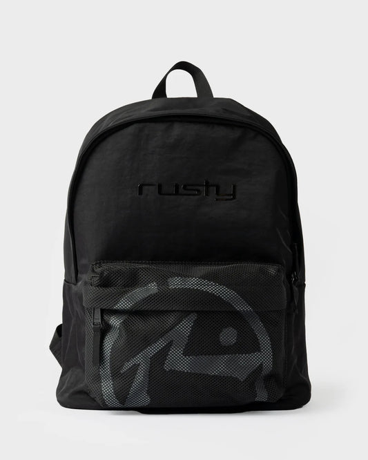 Black backpack with 'rusty' branding on a white background