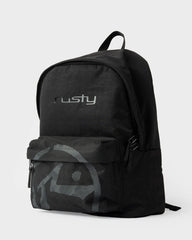 Black backpack with a visible brand logo on a white background