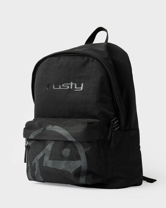 Black backpack with a visible brand logo on a white background