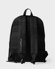 Black backpack with visible brand logo on a white background