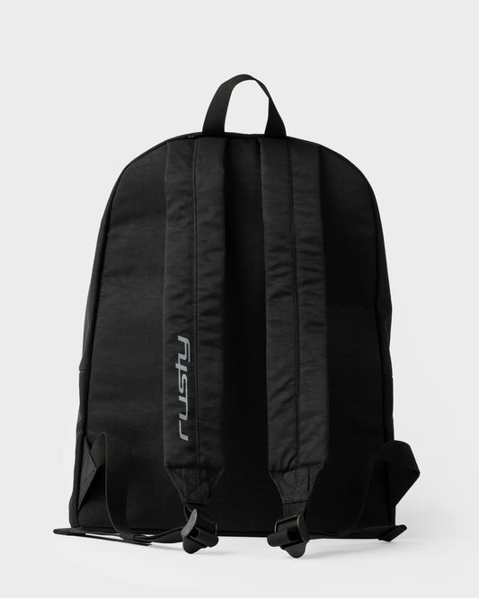 Black backpack with visible brand logo on a white background