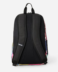 Black backpack with colorful design on a white background