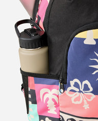 Colorful backpack with a water bottle holder containing a beige water bottle.