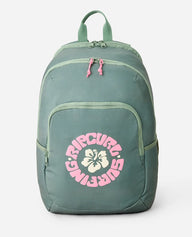 Green backpack with pink and white floral design and text on a white background