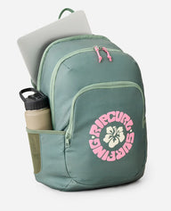Green backpack with a floral logo on a white background