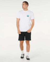 Person wearing a white t-shirt with a logo and black shorts on a white background