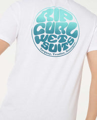 White t-shirt with Rip Curl Wet Suits logo on a white background