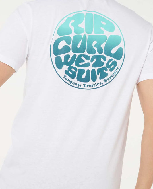 White t-shirt with Rip Curl Wet Suits logo on a white background