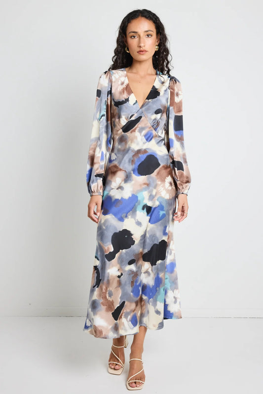 Phoenix Navy Multi Watercolour Satin Balloon Sleeve Midi Dress