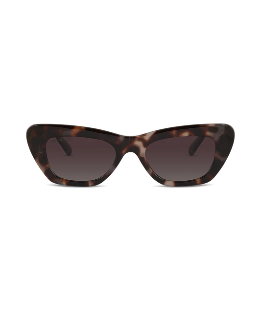 Cute cat-eye sunglasses with a dark brown and black tortoiseshell pattern and dark brown lenses, shown against a plain white background.