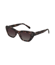 Cat-eye sunglasses with a dark brown and black tortoiseshell pattern and gradient lenses, shown on a plain white background.