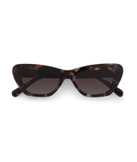 Cats-eye sunglasses with a dark brown and black tortoiseshell frame and dark tinted lenses, shown against a plain white background.