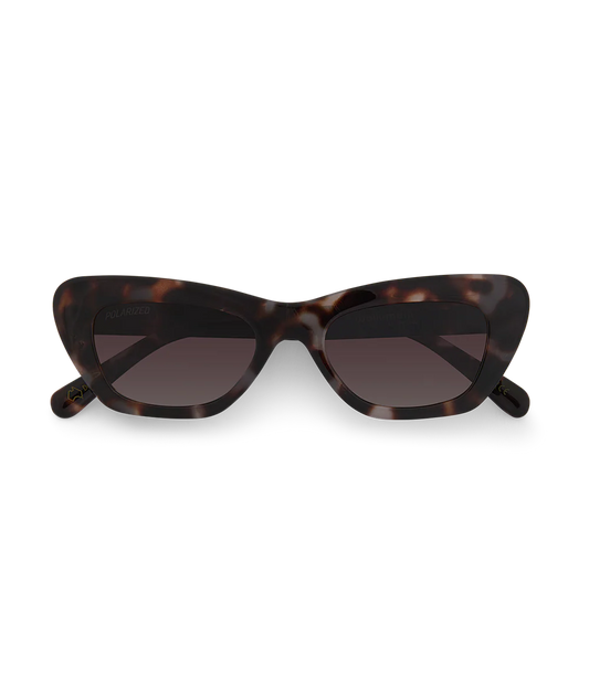 Cats-eye sunglasses with a dark brown and black tortoiseshell frame and dark tinted lenses, shown against a plain white background.