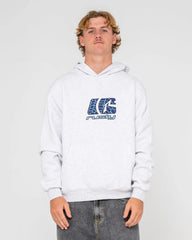 Person wearing a white hoodie with a blue logo on a plain background