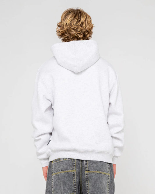 Person wearing a light gray hoodie and jeans on a plain background