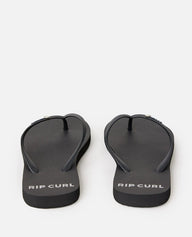 Pair of black flip-flops with 'Rip Curl' branding on a white background