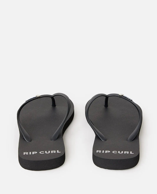 Pair of black flip-flops with 'Rip Curl' branding on a white background