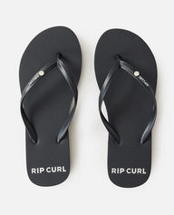 Black Rip Curl flip-flops on a white background